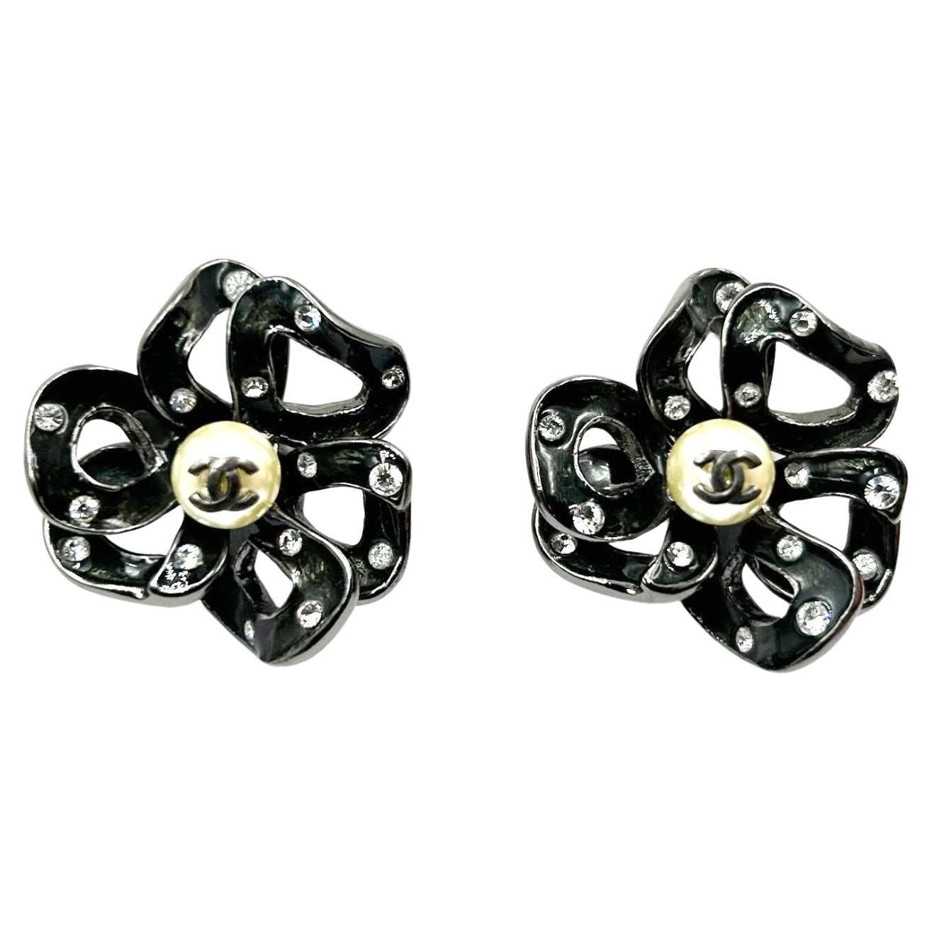 Chanel Black Camellia Crystal Pearl Large Clip on Earrings