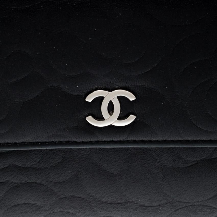 Chanel Black Camellia Embossed Leather Flap Wallet 6
