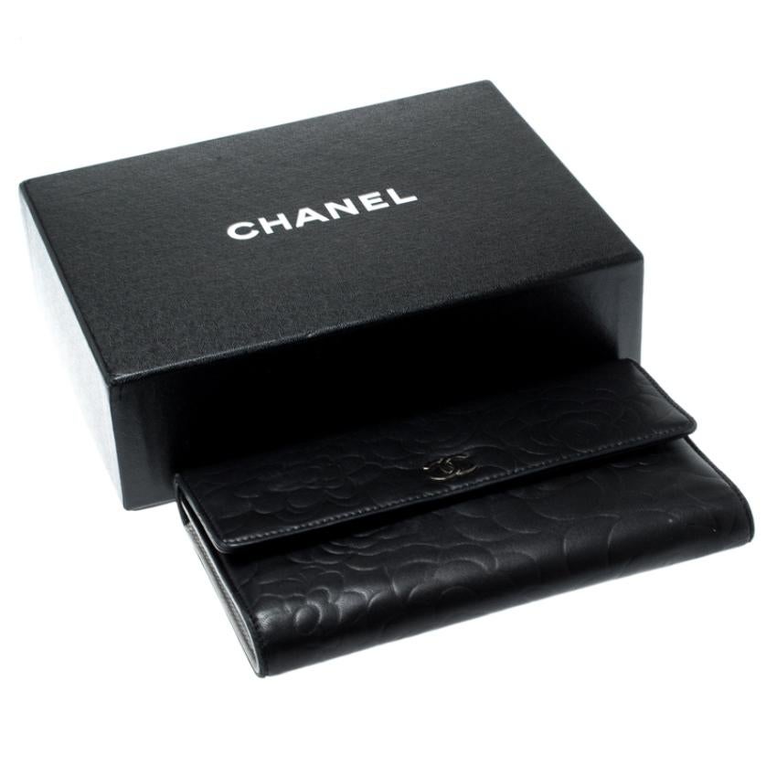 Chanel Black Camellia Embossed Leather Flap Wallet 7