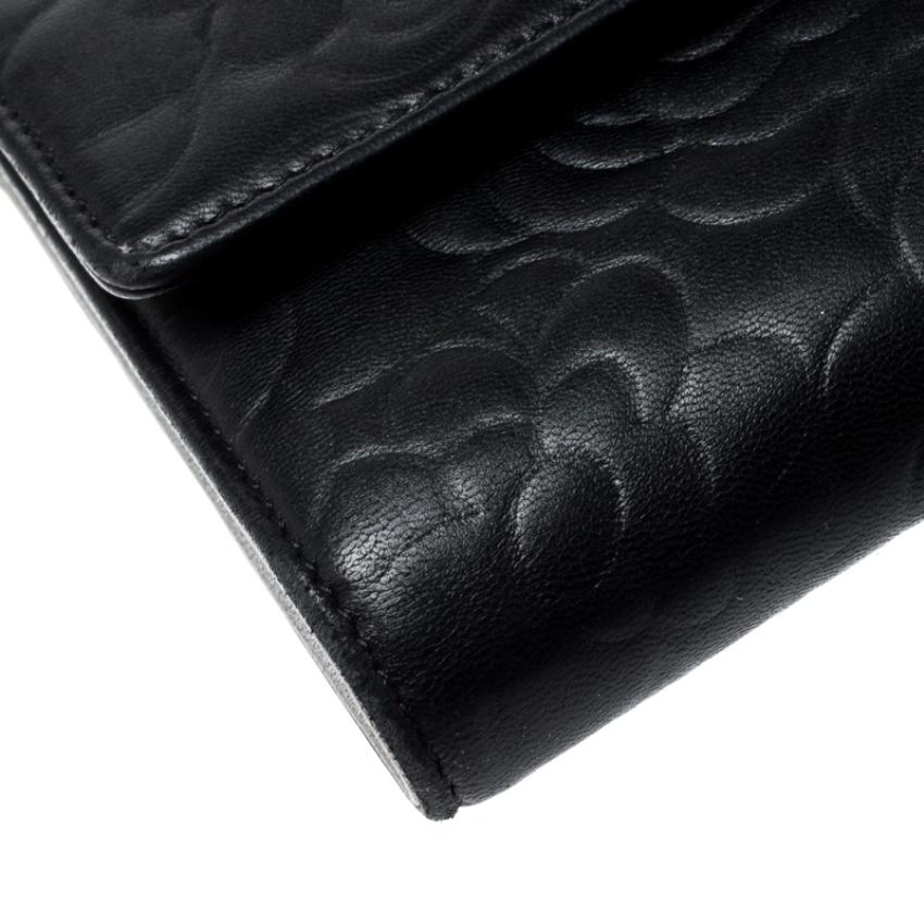 Chanel Black Camellia Embossed Leather Flap Wallet 4