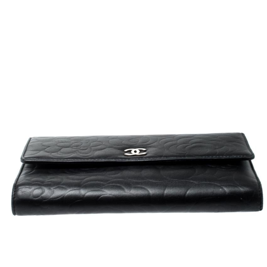 Chanel Black Camellia Embossed Leather Flap Wallet 5