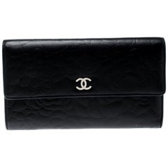 Chanel Black Camellia Embossed Leather Flap Wallet