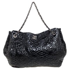 Chanel Black Camellia Embossed Patent Vinyl Accordion Hobo