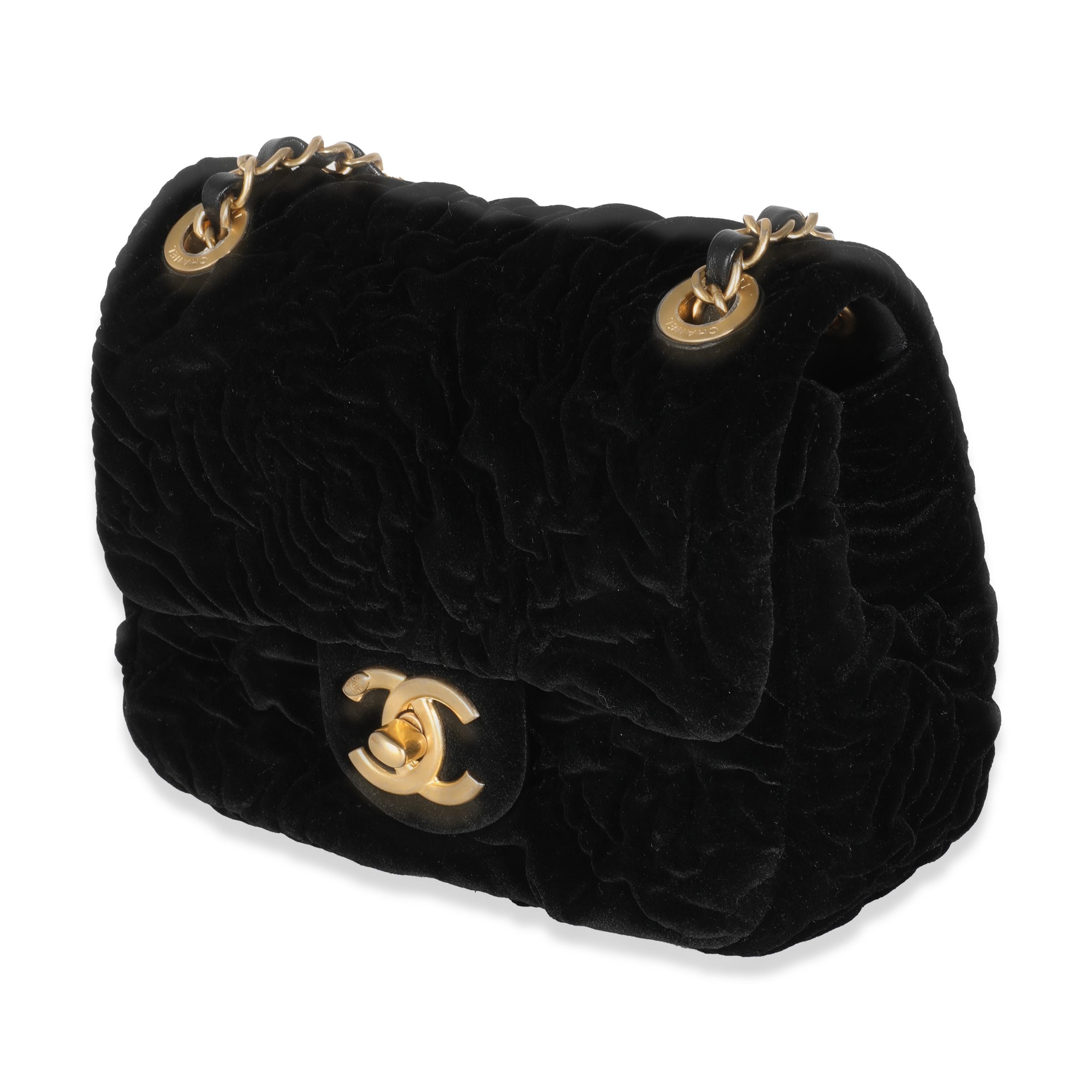 Chanel Black Camellia Embossed Velvet Mini Square Flap Bag In Excellent Condition For Sale In New York, NY