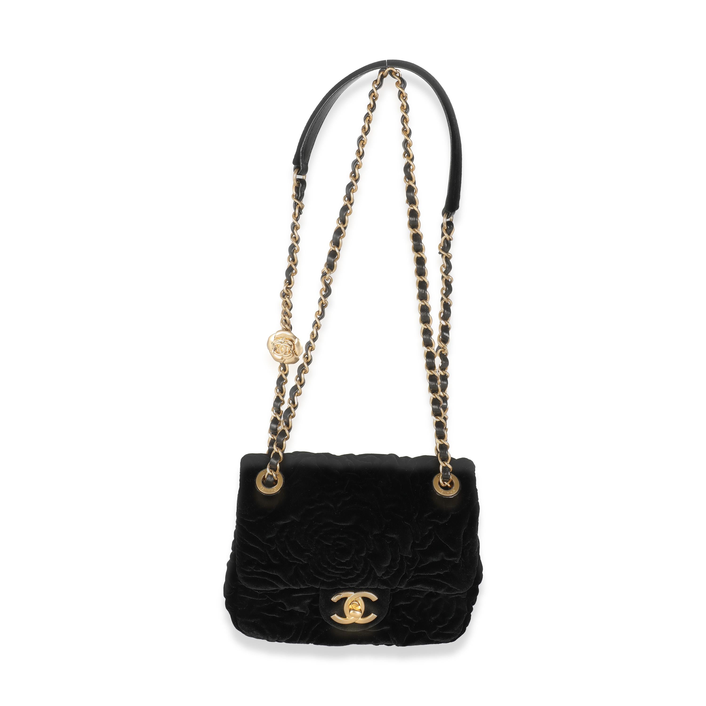 Chanel Black Camellia Embossed Velvet Mini Square Flap Bag For Sale 1