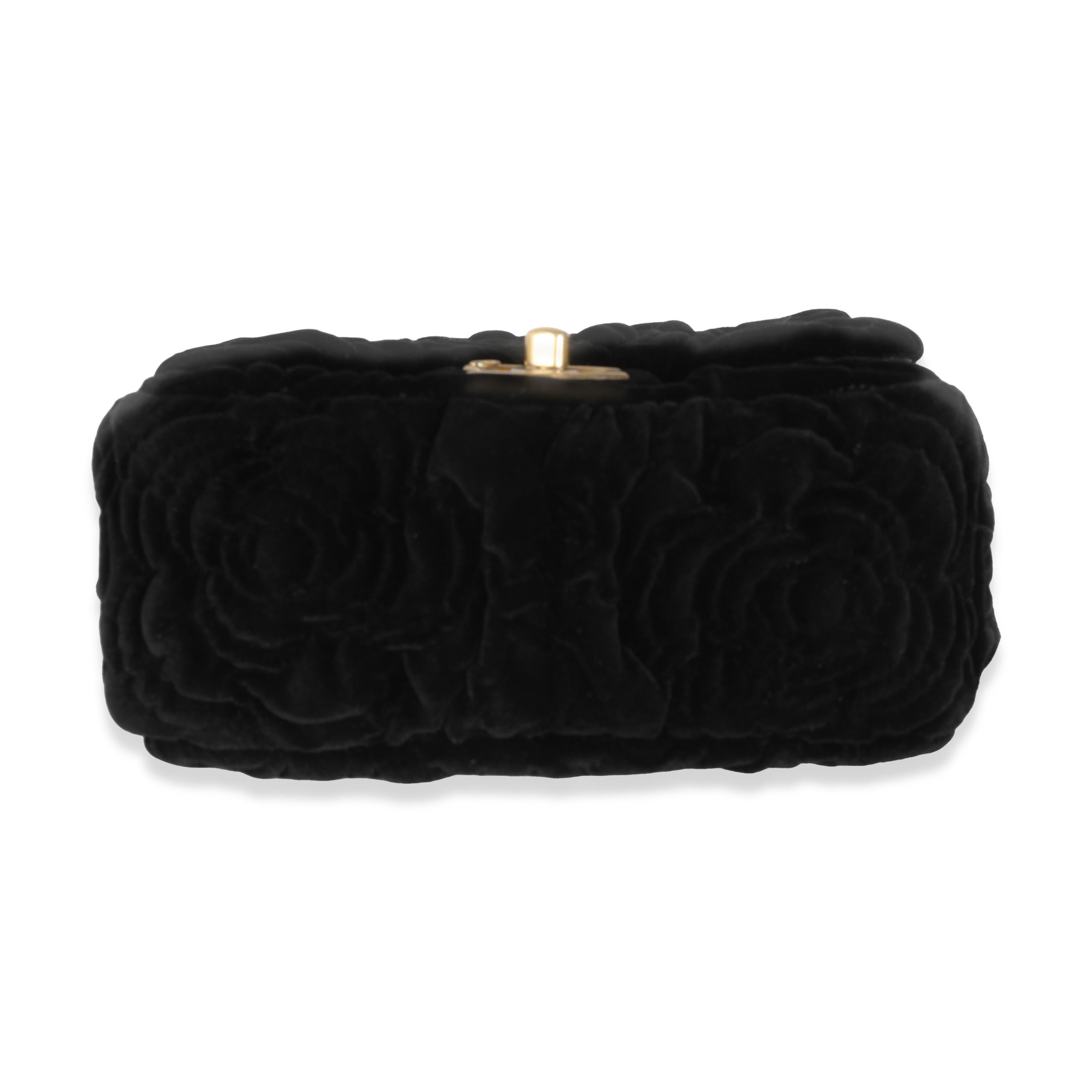 Chanel Black Camellia Embossed Velvet Mini Square Flap Bag For Sale 3