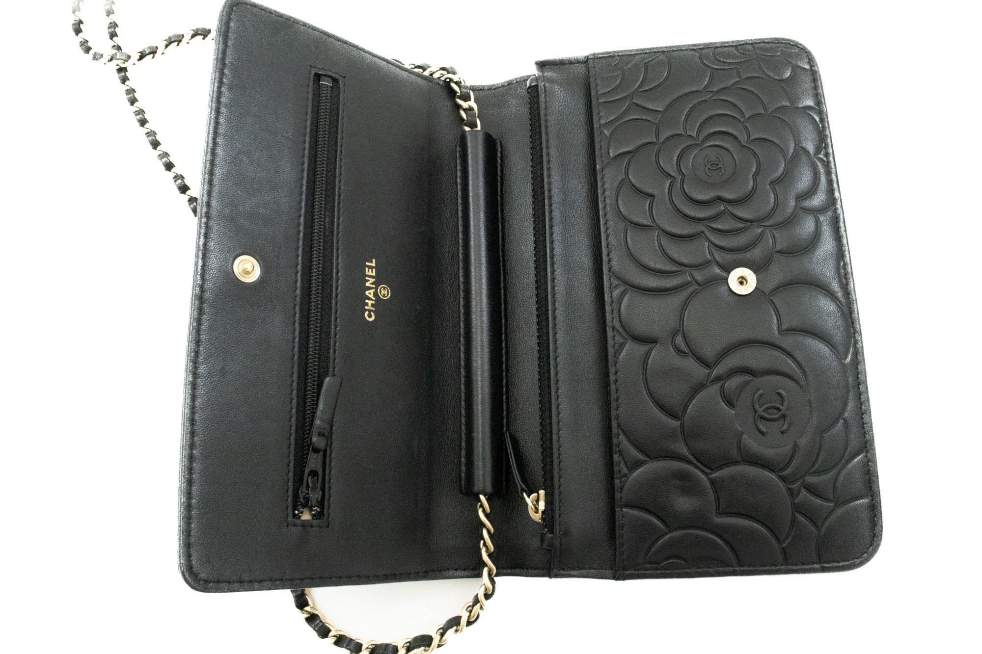 CHANEL Black Camellia Embossed WOC Wallet On Chain Shoulder Bag 6