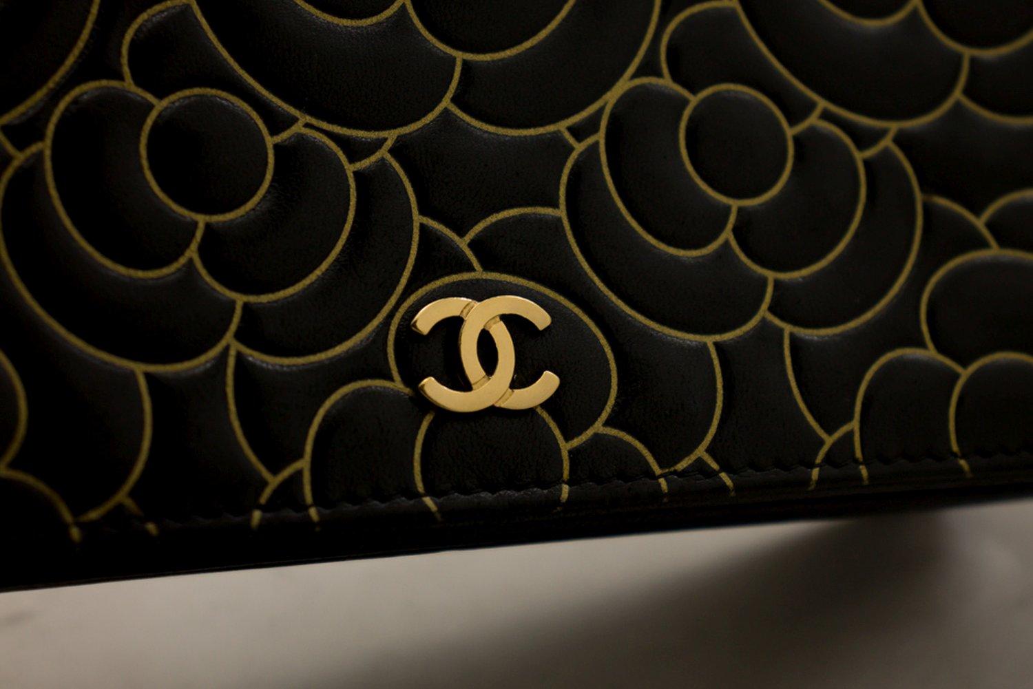 CHANEL Black Camellia Embossed WOC Wallet On Chain Shoulder Bag 7