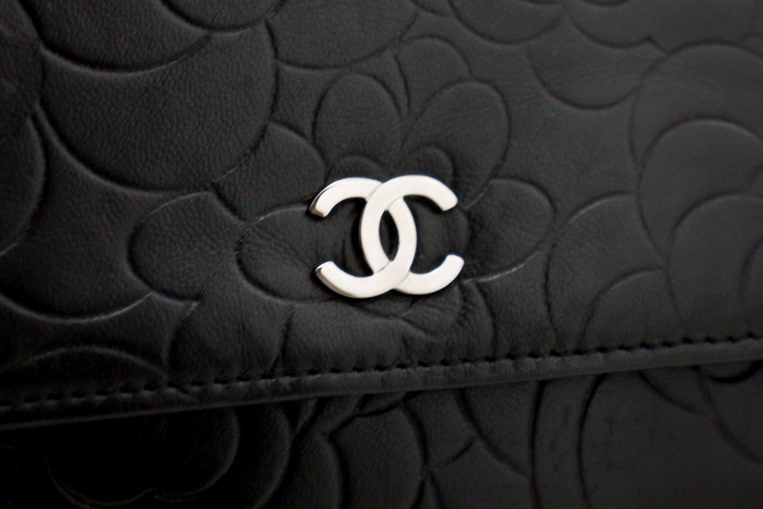 CHANEL Black Camellia Embossed WOC Wallet On Chain Shoulder Bag 5