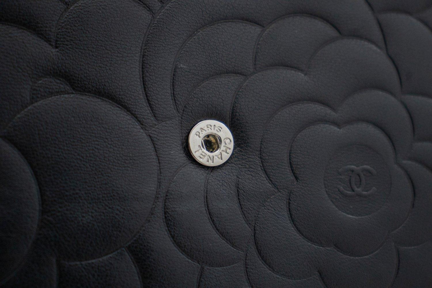 CHANEL Black Camellia Embossed WOC Wallet On Chain Shoulder Bag 10