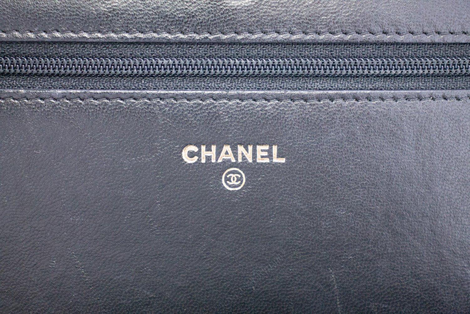 CHANEL Black Camellia Embossed WOC Wallet On Chain Shoulder Bag 10