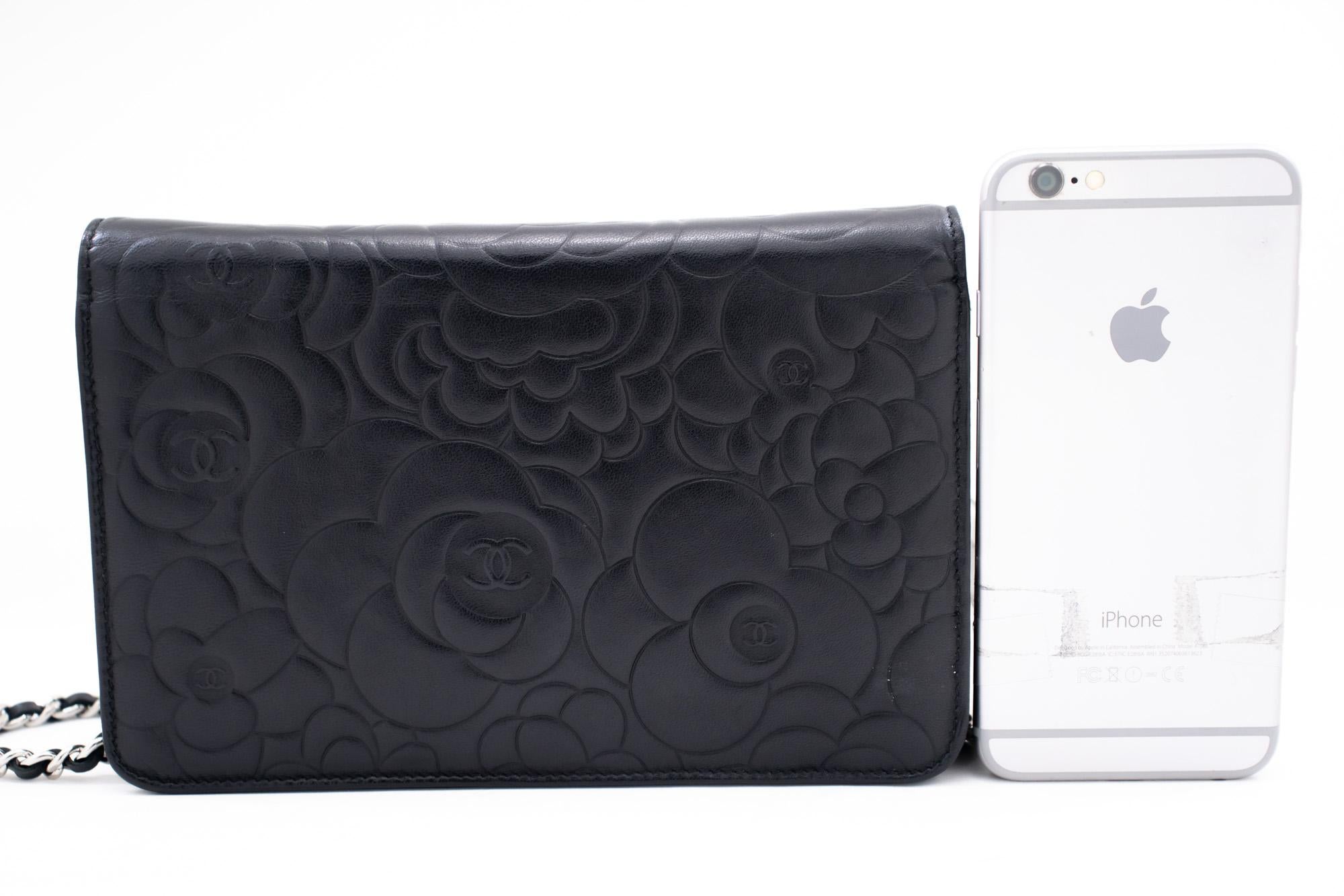CHANEL Black Camellia Embossed WOC Wallet On Chain Shoulder Bag In Good Condition In Takamatsu-shi, JP