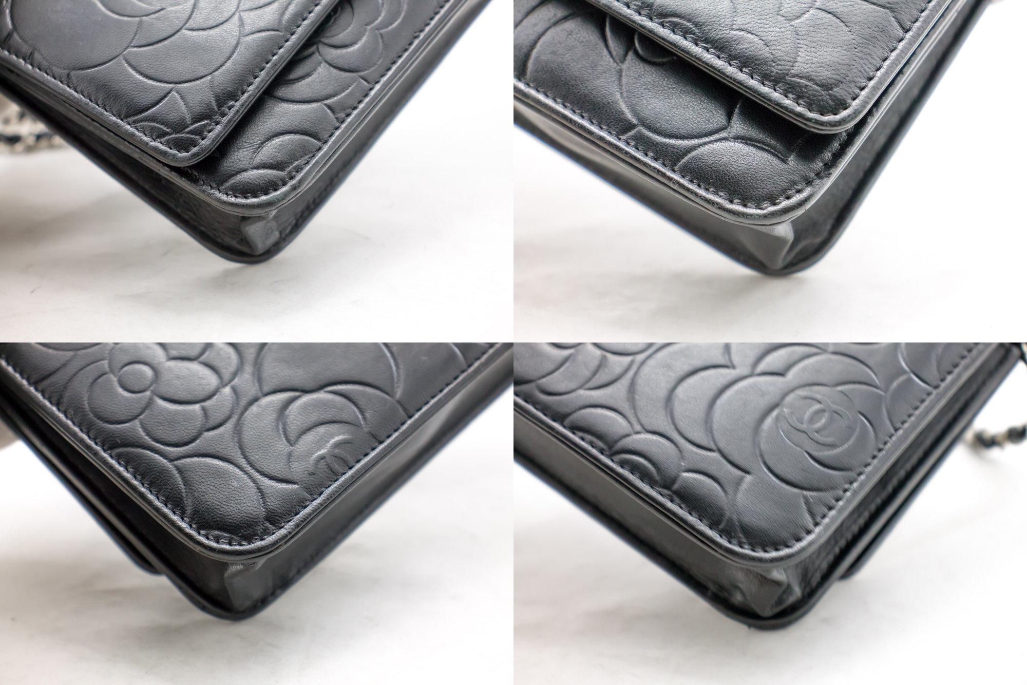 CHANEL Schwarz Kamelie geprägte WOC Brieftasche auf Kette Umhängetasche 2