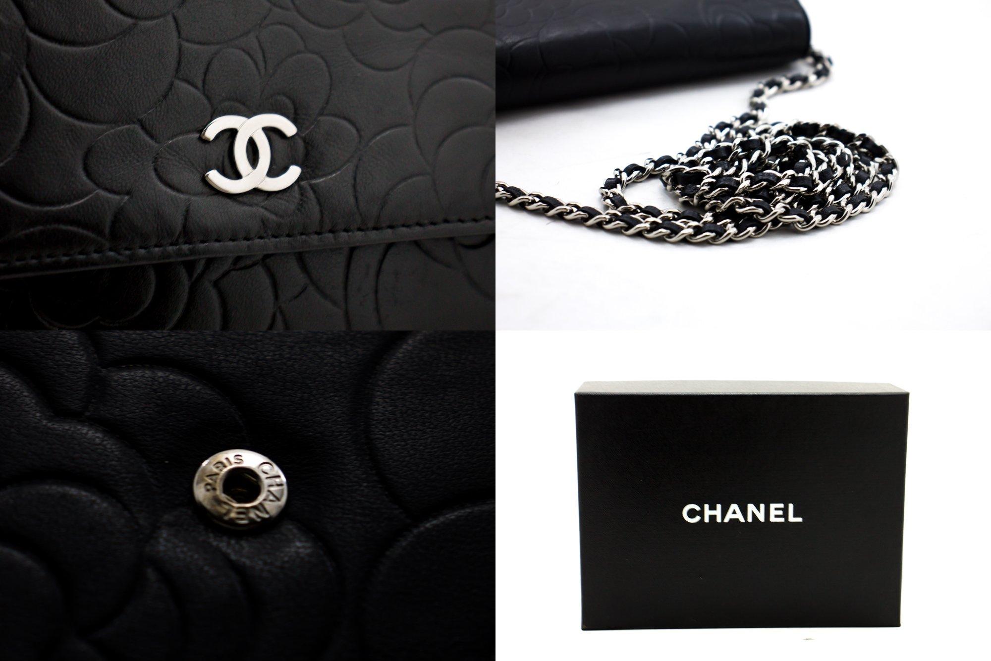 CHANEL Schwarz Kamelie geprägte WOC Brieftasche auf Kette Umhängetasche 3
