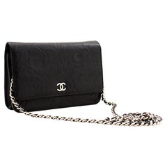 CHANEL Black Camellia Embossed WOC Wallet On Chain Shoulder Bag