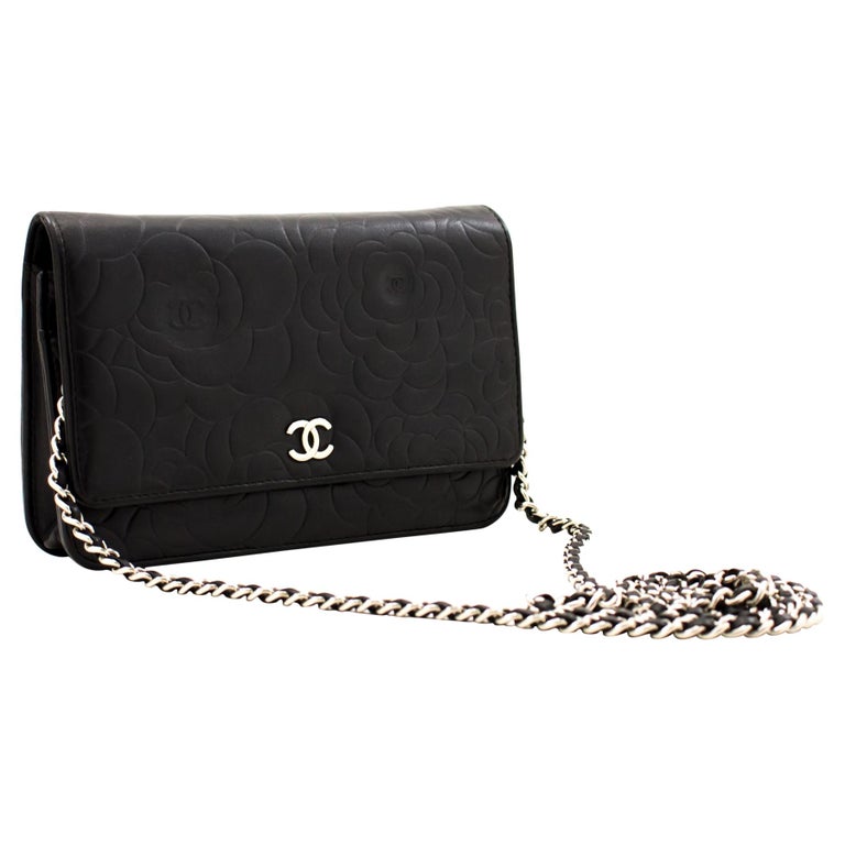 CHANEL Black Camellia Embossed WOC Wallet On Chain Shoulder Bag at