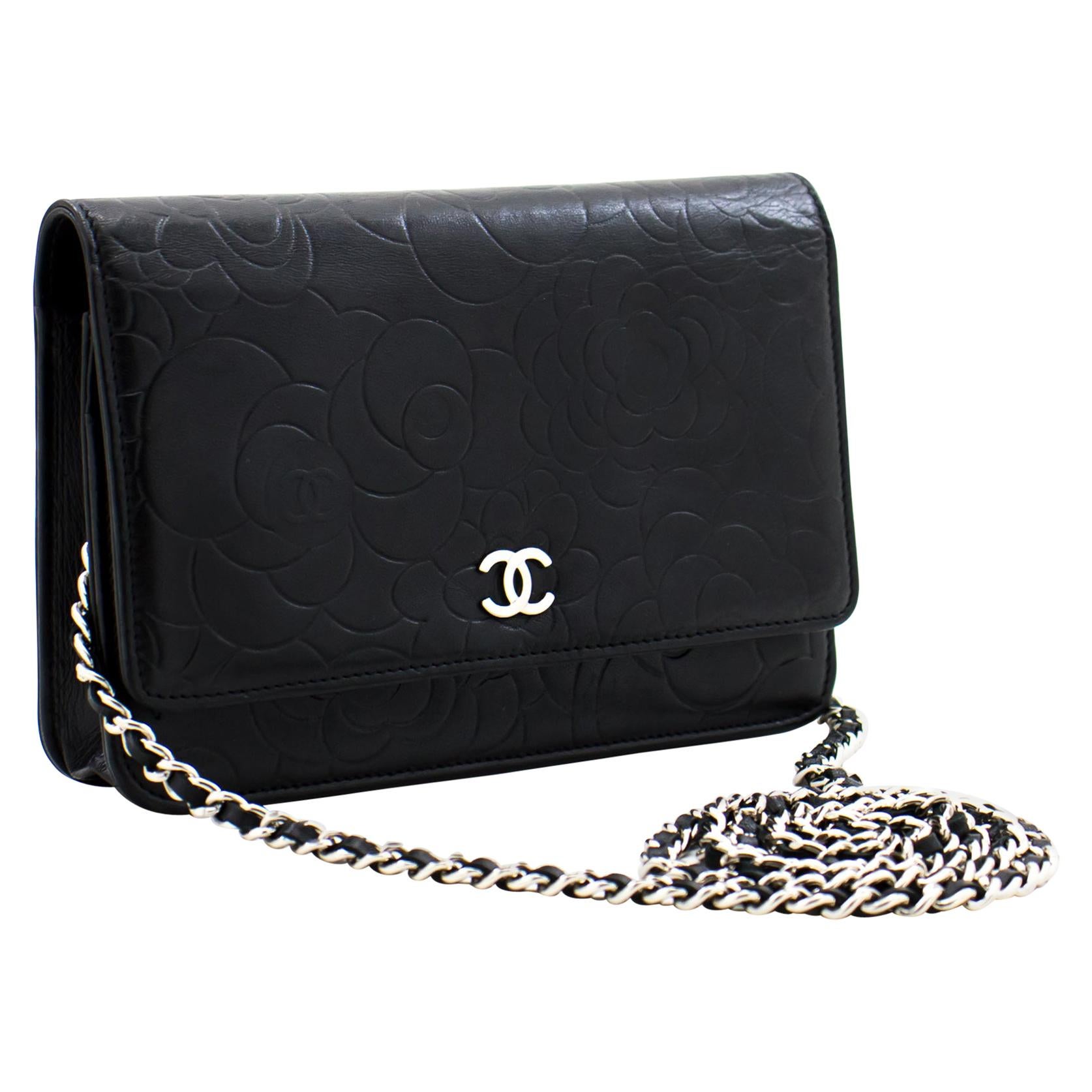 Chanel Black Lambskin Leather Camellia Embossed WOC (wallet-on-chain)  Clutch Bag