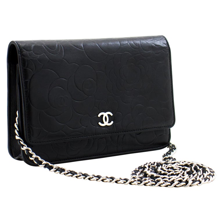 Chanel Black Lambskin Leather Camellia Embossed WOC (wallet-on