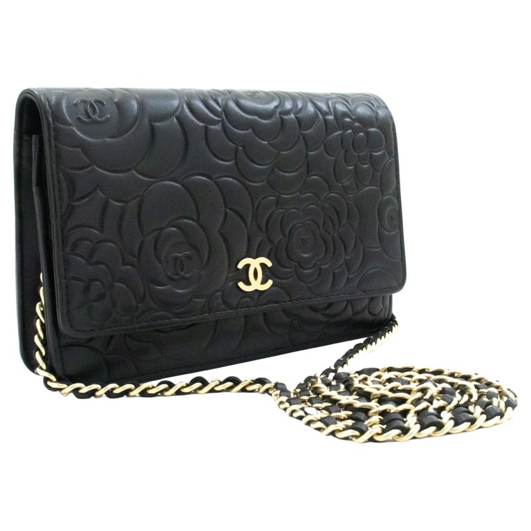 CHANEL Black Camellia Embossed WOC Wallet On Chain Shoulder Bag For Sale at  1stDibs