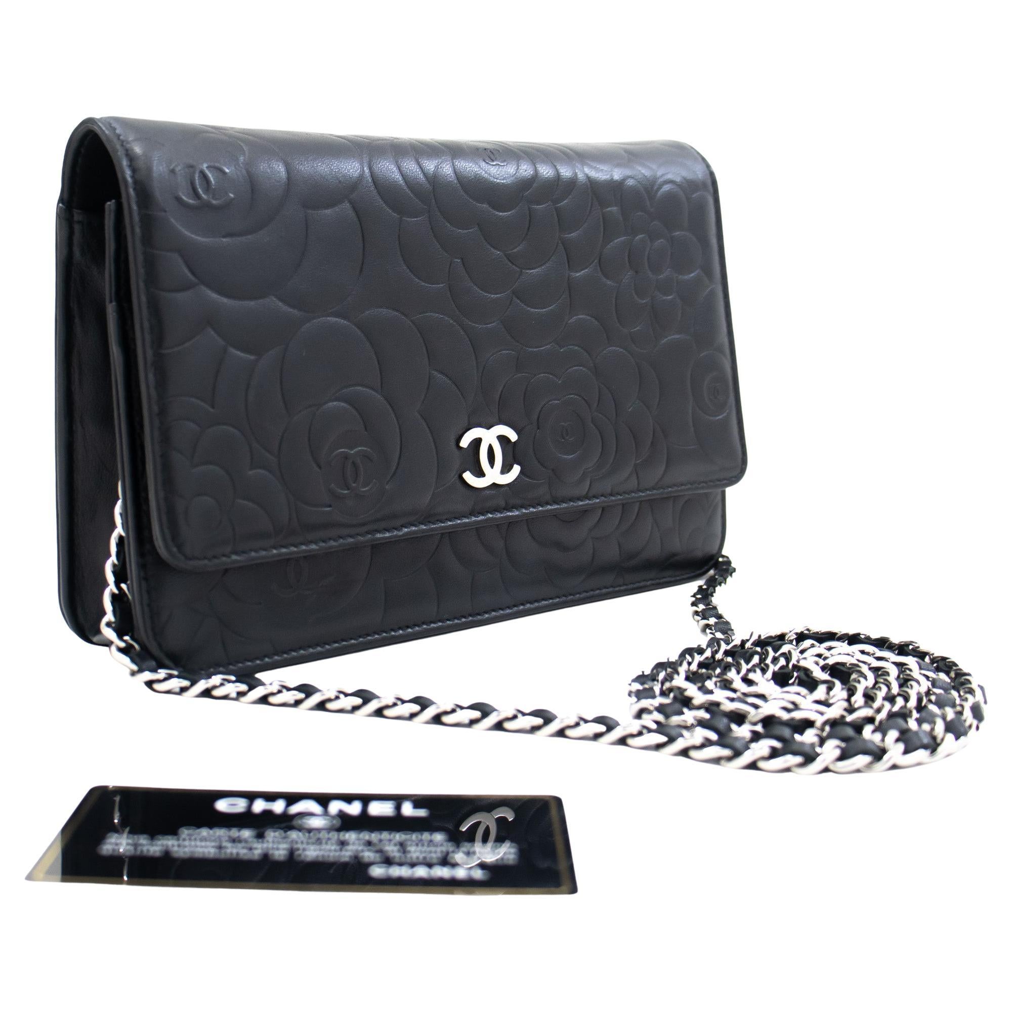 CHANEL Black Camellia Embossed WOC Wallet On Chain Shoulder Bag at
