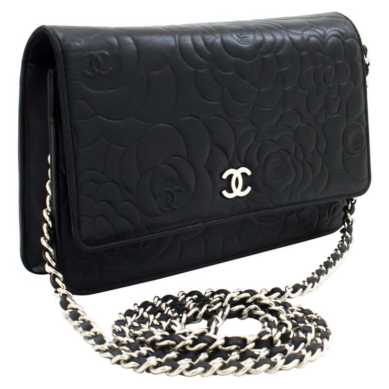 CHANEL Black Camellia Embossed WOC Wallet On Chain Shoulder Bag Leather ...