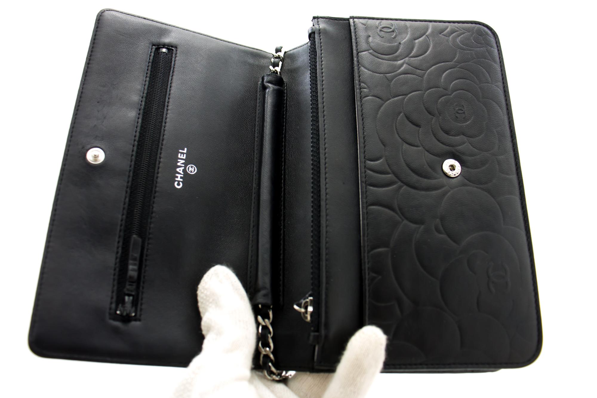 CHANEL Black Camellia Embossed WOC Wallet On Chain Shoulder Bag SV 6