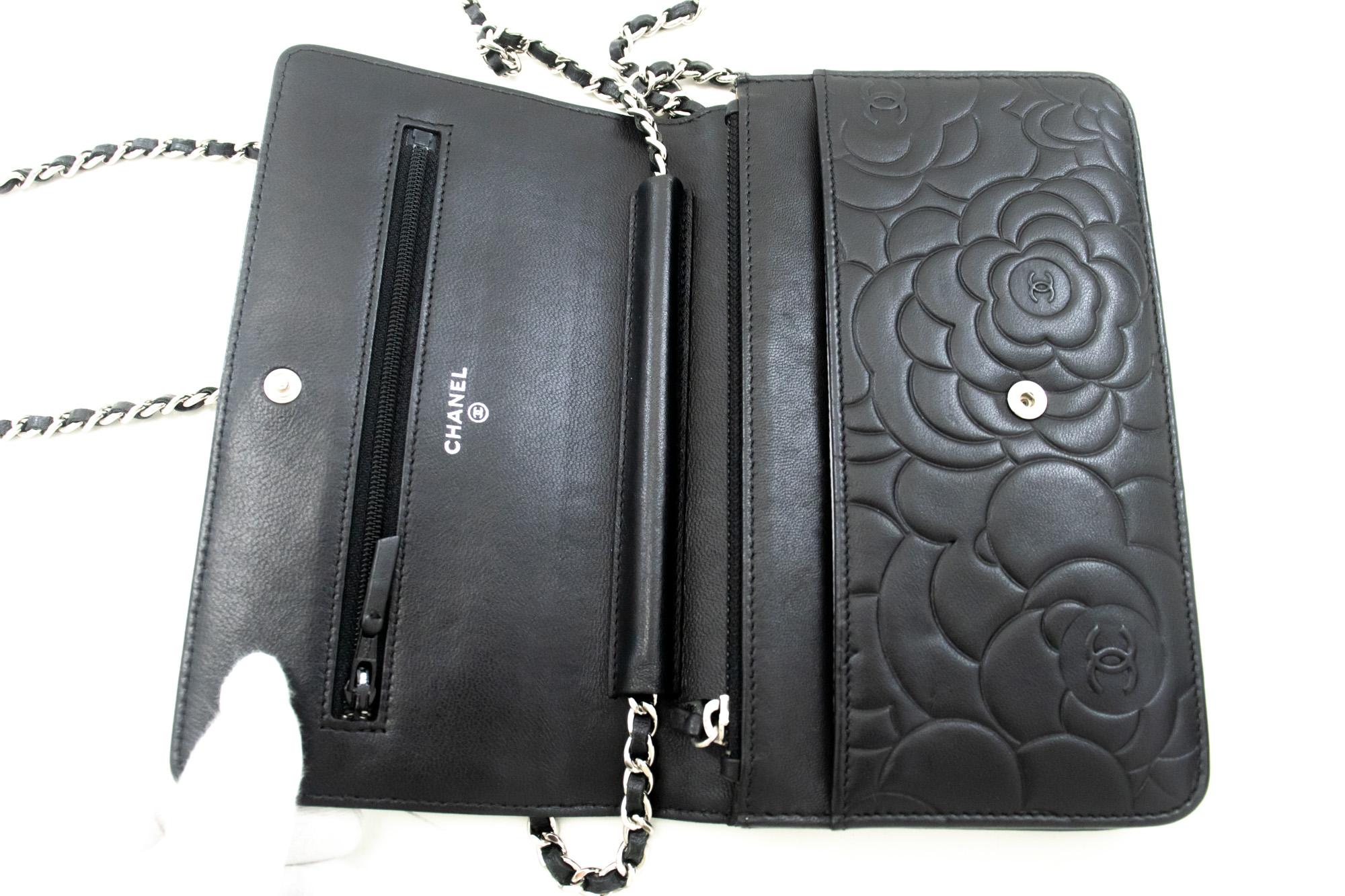CHANEL Black Camellia Embossed WOC Wallet On Chain Shoulder Bag SV 6