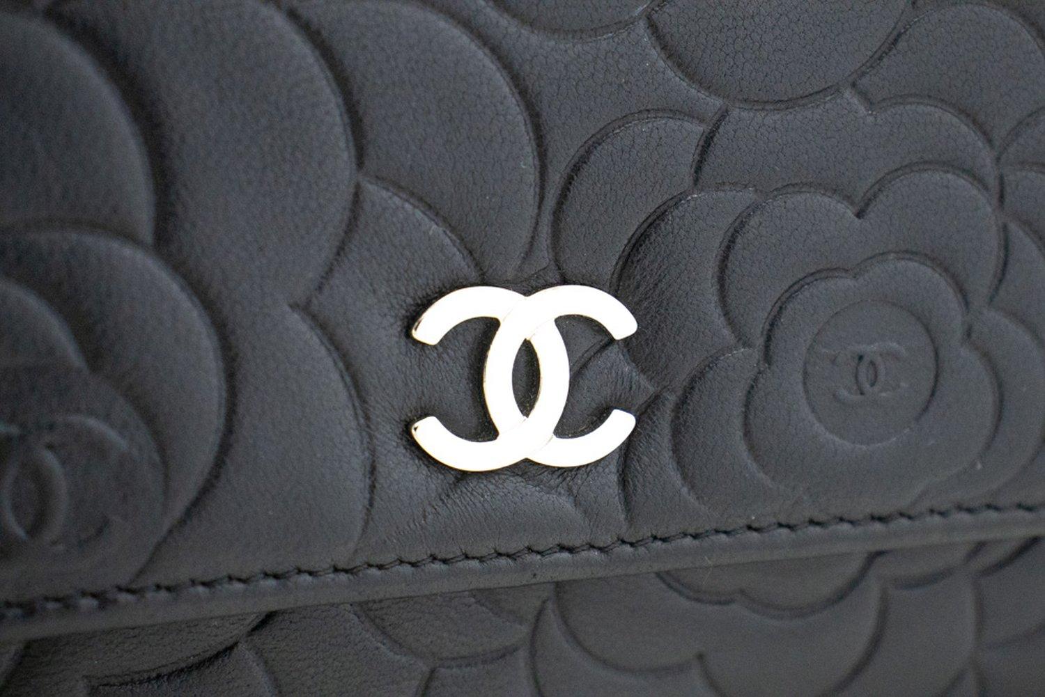 CHANEL Black Camellia Embossed WOC Wallet On Chain Shoulder Bag SV 8