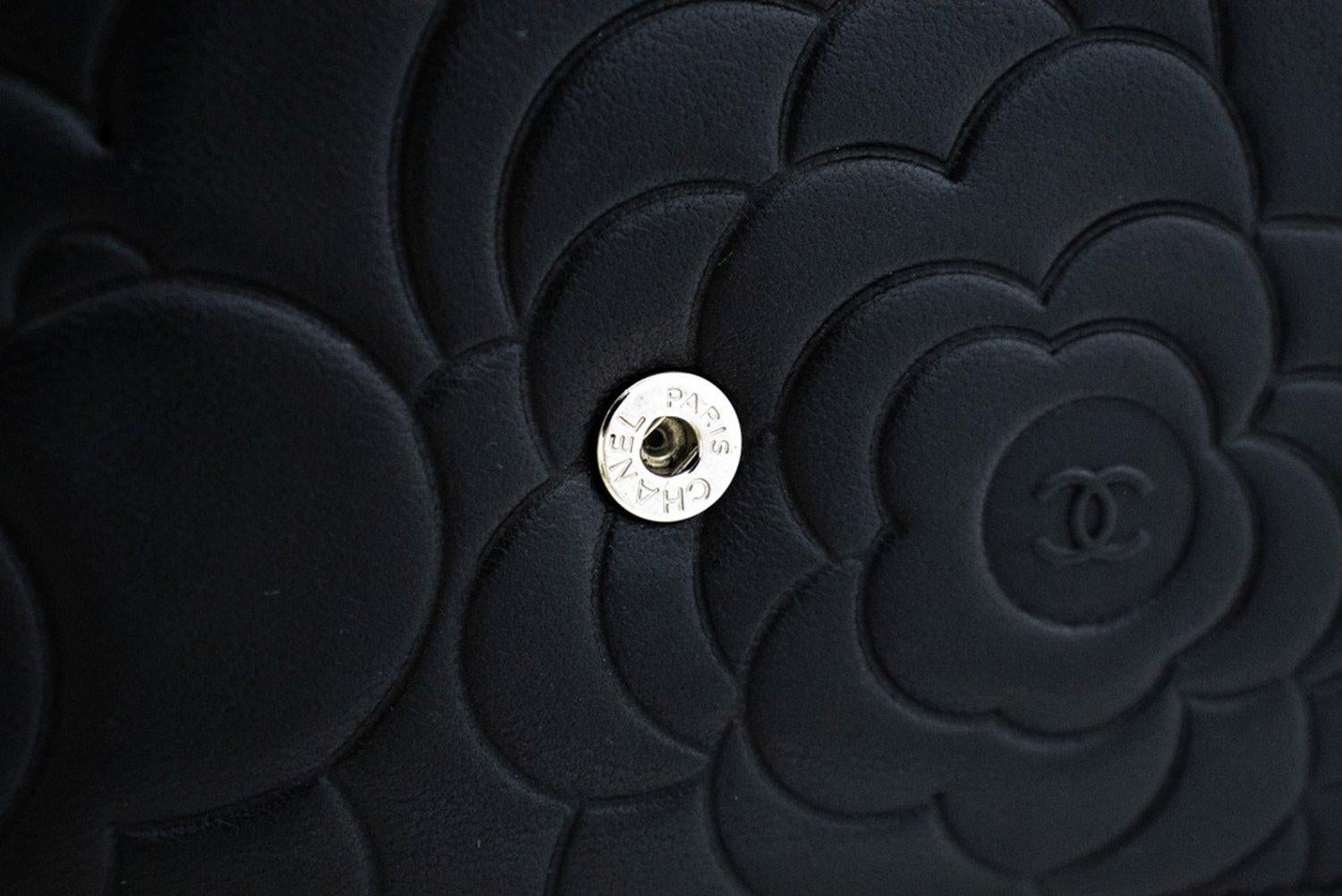 CHANEL Black Camellia Embossed WOC Wallet On Chain Shoulder Bag SV 10