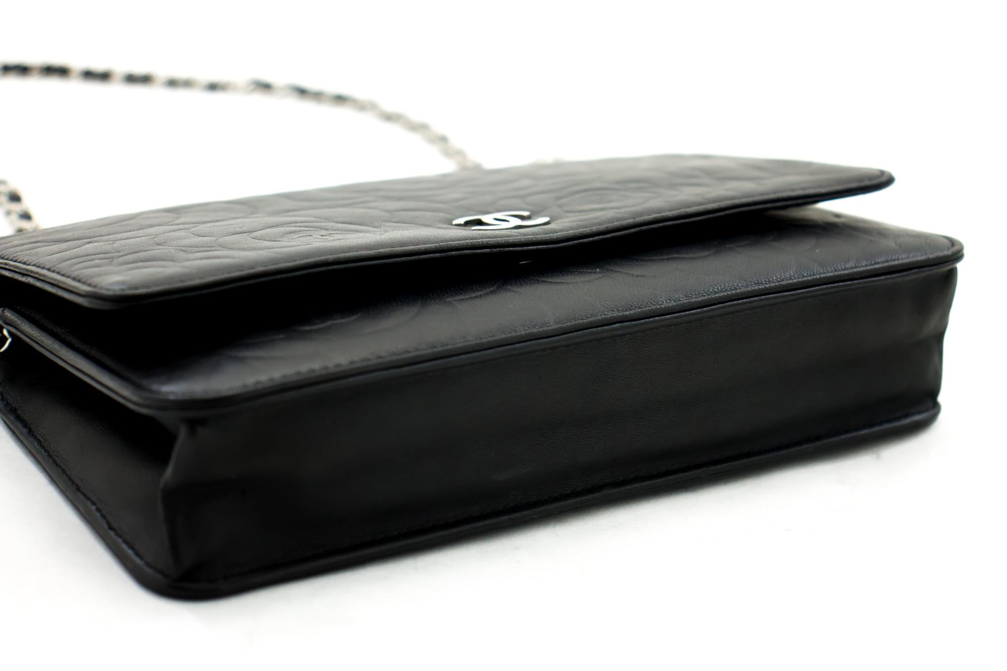 Women's CHANEL Black Camellia Embossed WOC Wallet On Chain Shoulder Bag SV