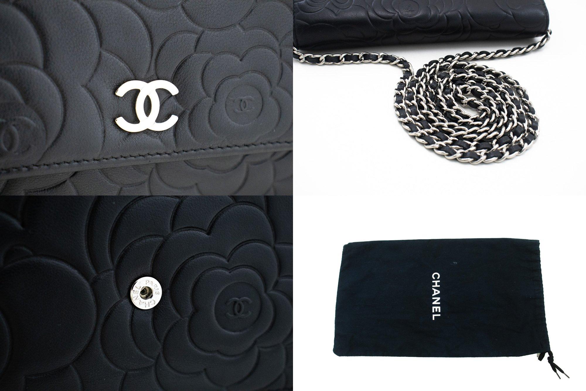 CHANEL Black Camellia Embossed WOC Wallet On Chain Shoulder Bag SV 3