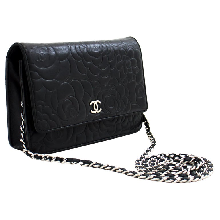 CHANEL Black Camellia Embossed WOC Wallet On Chain Shoulder Bag SV at ...