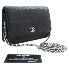 CHANEL Black Camellia Embossed WOC Wallet On Chain Shoulder Bag SV
