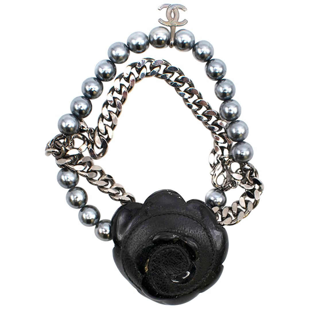 Chanel Black Camellia Faux Pearl & Chain Bracelet
