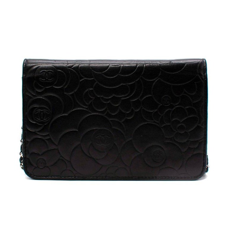 Chanel Black Lambskin Leather Camellia Embossed WOC (wallet-on