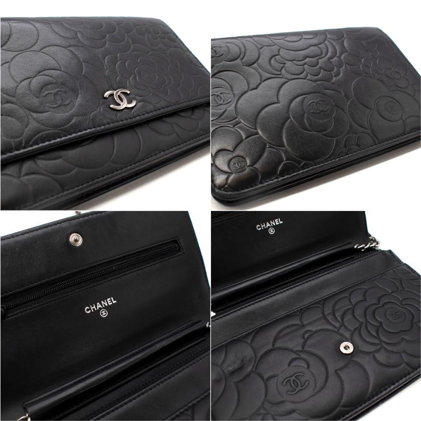 Chanel Black Camellia Floral Embossed Leather Wallet On Chain For Sale 1