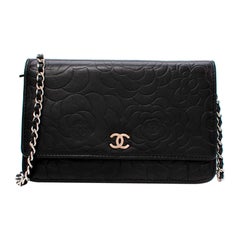 Chanel Black Camellia Floral Embossed Leather Wallet On Chain