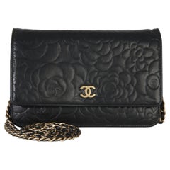 Chanel Black Camellia Lambskin Wallet on Chain