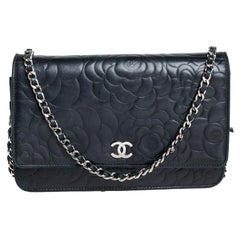 Chanel Black Camellia Leather Wallet On Chain