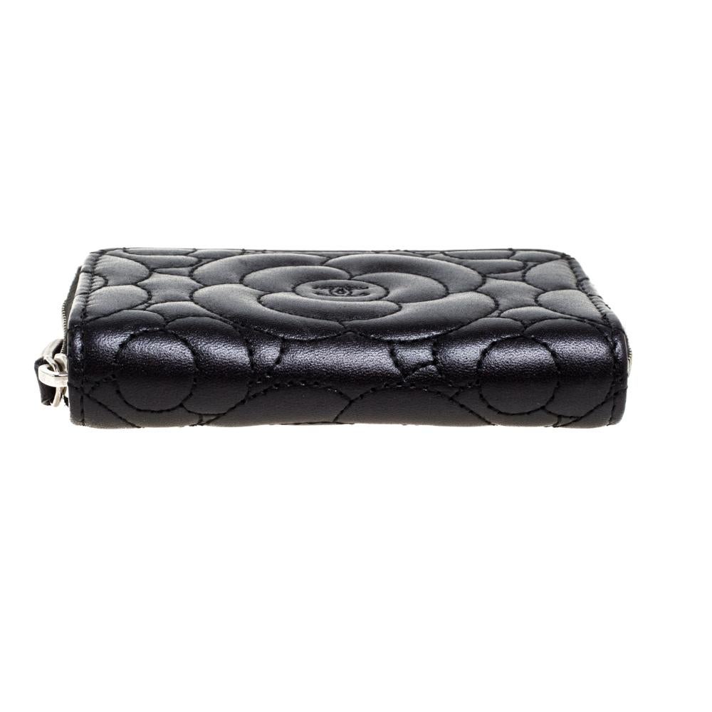 Women's Chanel Black Camellia Leather Zip Around Coin Purse