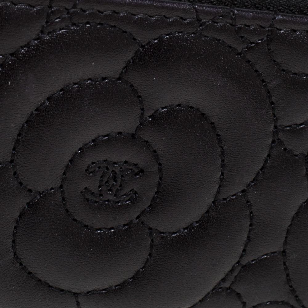 Chanel Black Camellia Leather Zip Around Coin Purse 4