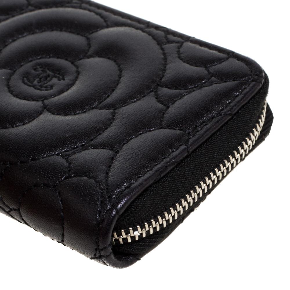 Chanel Black Camellia Leather Zip Around Coin Purse 5
