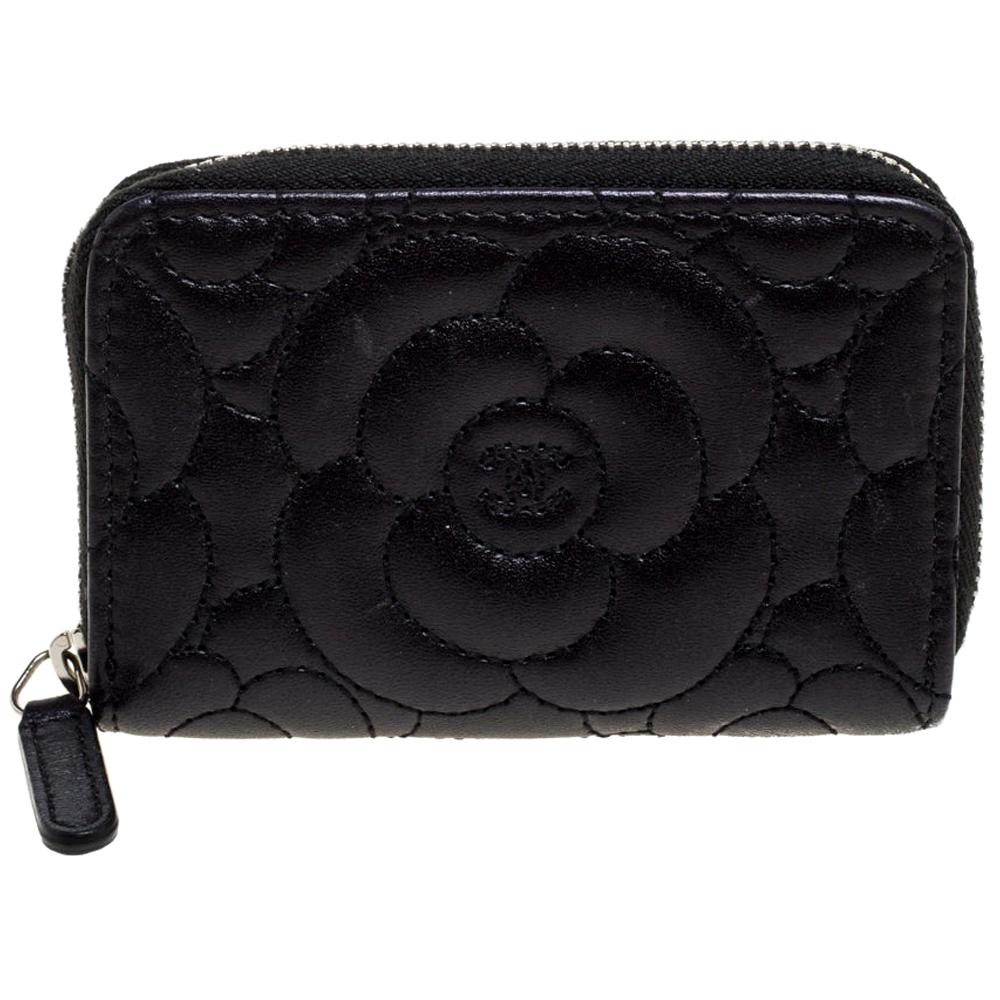 Chanel Black Camellia Leather Zip Around Coin Purse