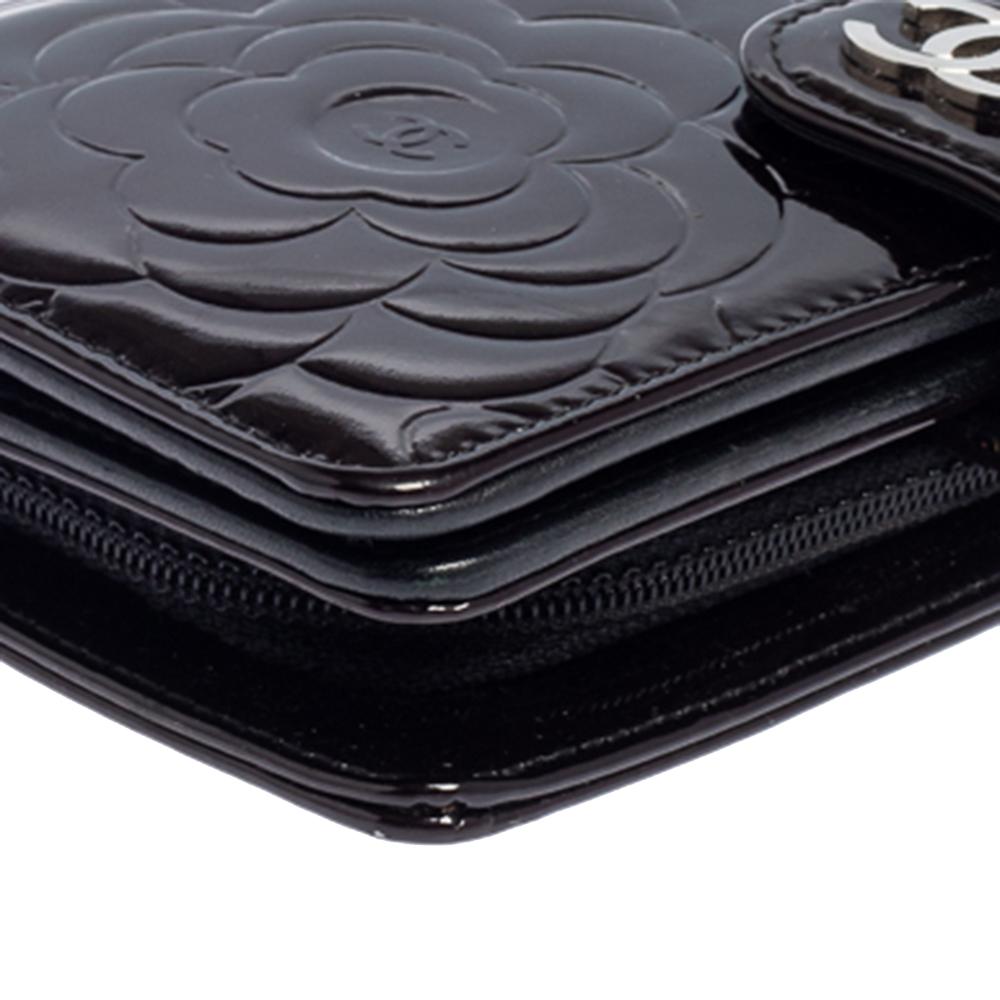 Chanel Black Camellia Patent Leather L-Zip Pocket Wallet 3