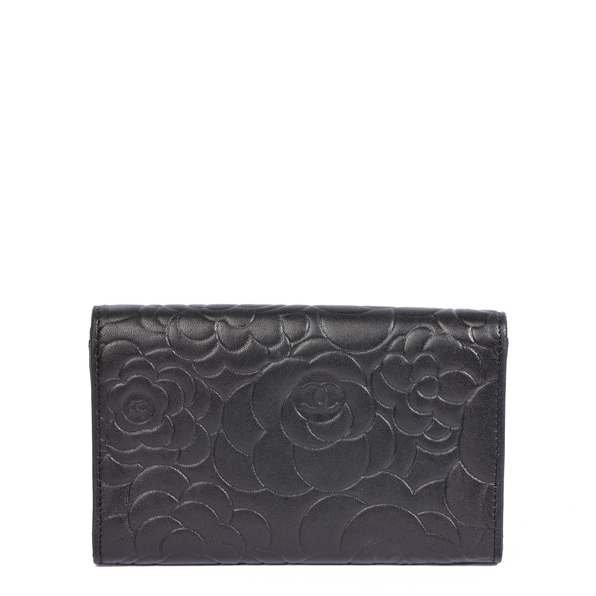 Black Chanel BLACK CAMELLIA QUILTED GOATSKIN FLAP WALLET