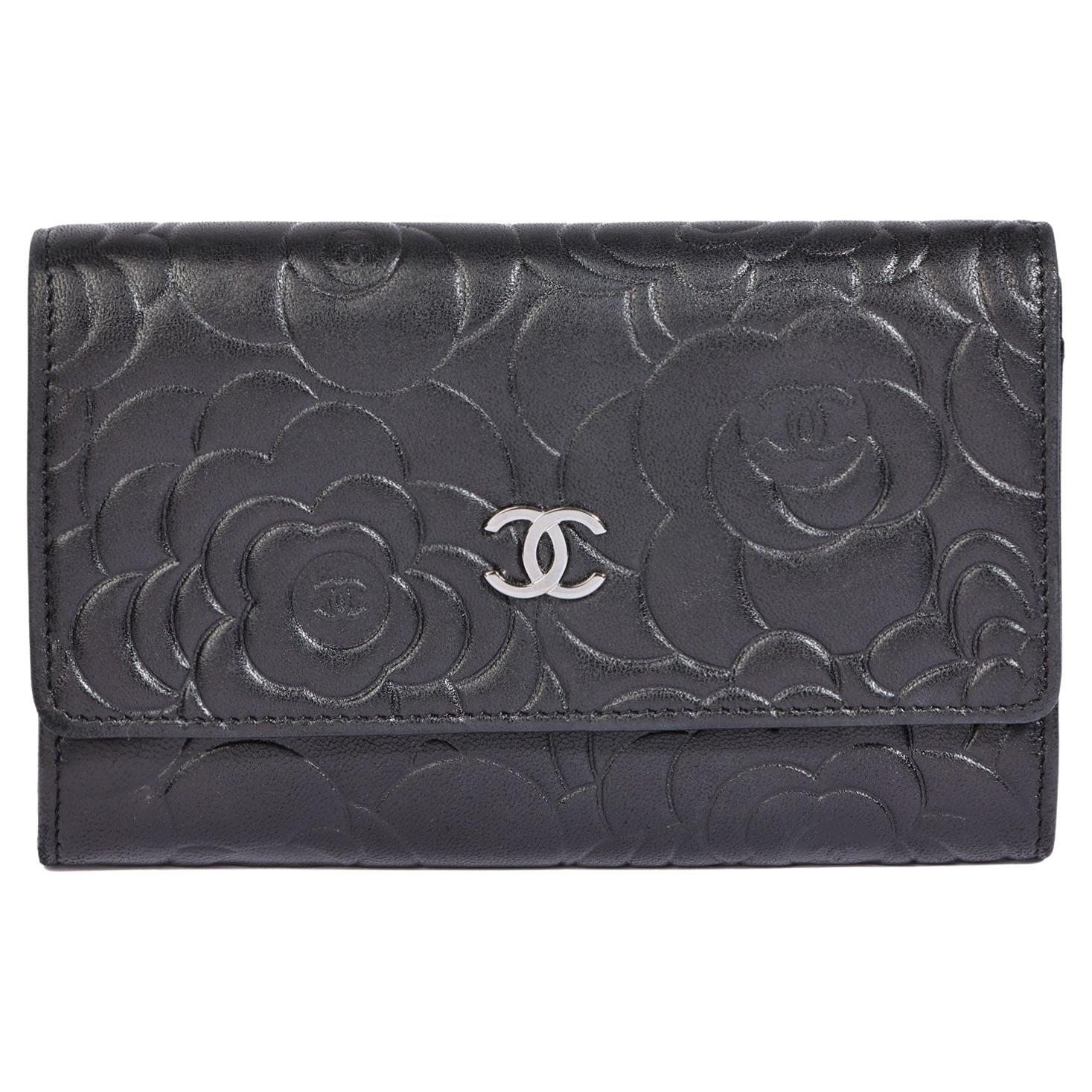 Chanel BLACK CAMELLIA QUILTED GOATSKIN FLAP WALLET