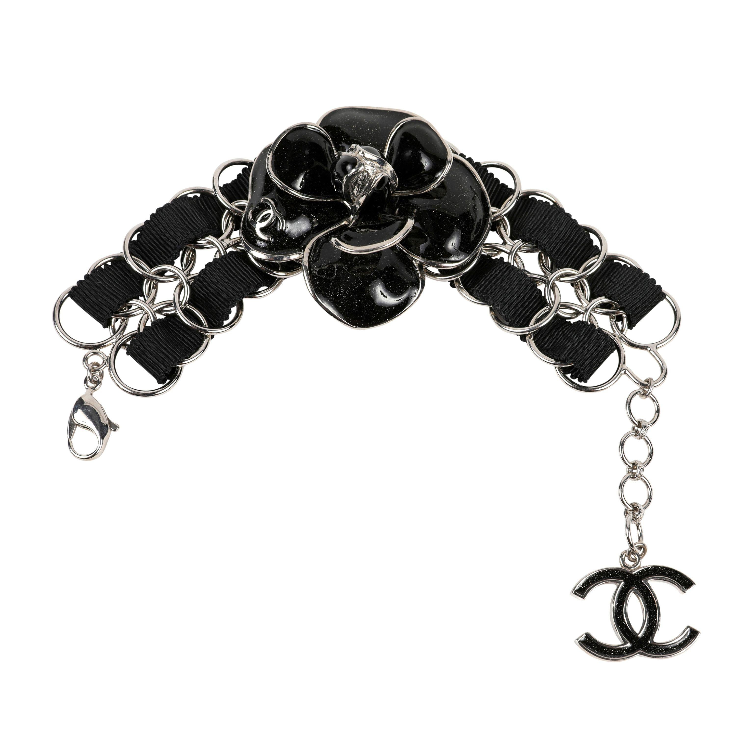 Chanel Black Camellia Silver Belt and Jewelry Five Piece Set For Sale 3