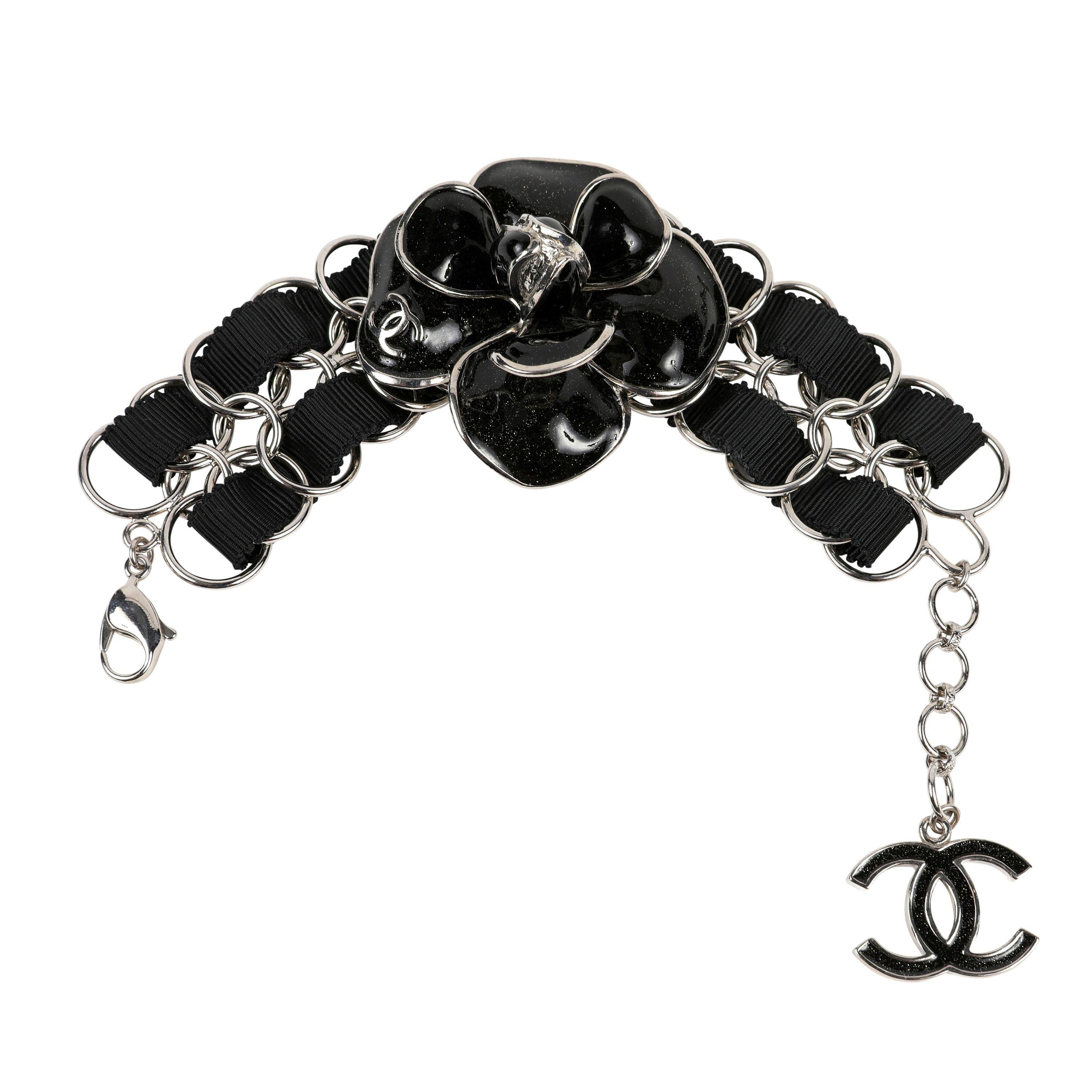 Chanel Black Camellia Silver Belt and Jewelry Five Piece Set  For Sale 3