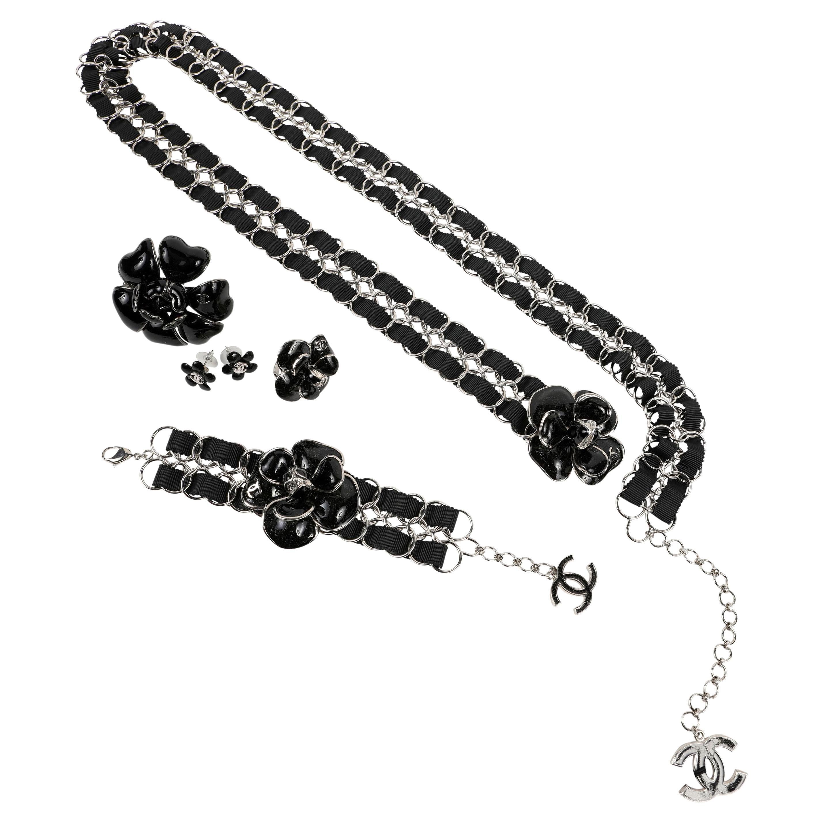 Chanel Black Camellia Silver Belt and Jewelry Five Piece Set  For Sale