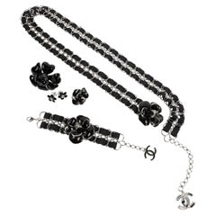 Chanel Black Camellia Silver Belt and Jewelry Five Piece Set 